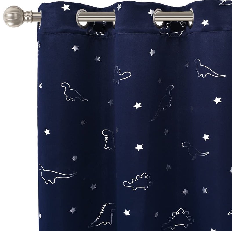LORDTEX Dinosaur and Star Foil Print Blackout Curtains for Kids Room - Thermal Insulated Curtains Noise Reducing Window Drapes for Boys and Girls Bedroom, 42 x 84 Inch, Navy, Set of 2 Panels - Image 1